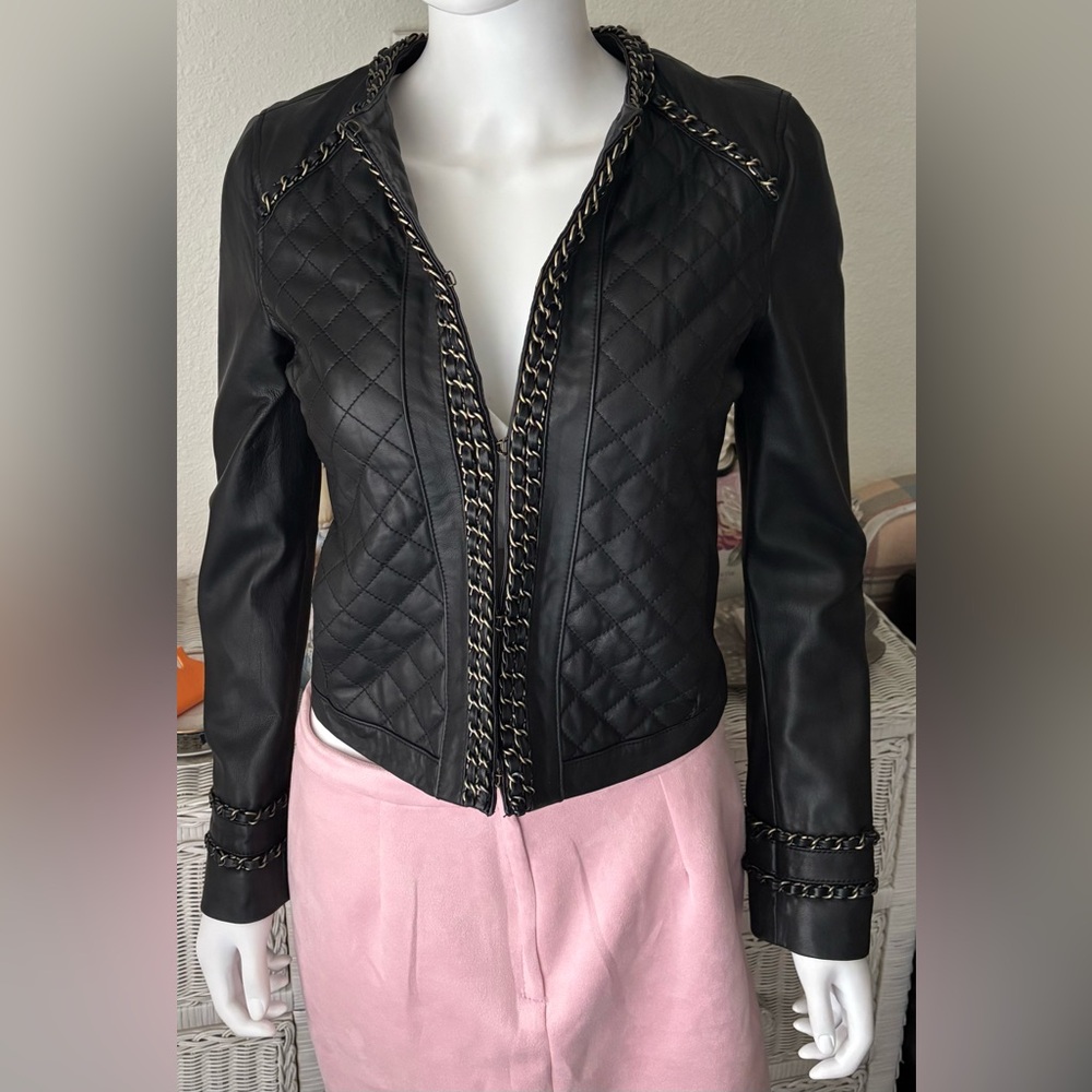 Michael Kors Leather Jacket Quilted with Braided Chain Details in Black Size 4